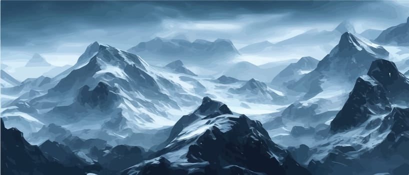 Fantasy epic magic mountain landscape. Mystical winter valley valley , Panoramic view of big mountains . Mountains landscape. Rural nature background. hills horizon