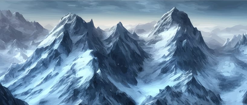 Fantasy epic magic mountain landscape. Mystical winter valley valley , Panoramic view of big mountains . Mountains landscape. Rural nature background. hills horizon