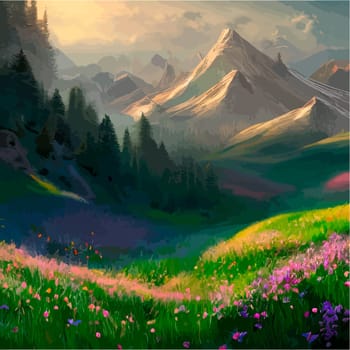 Spring landscape in village with green field and sunset, flat cartoon countryside with mountain and forest, blue sky, natural scene in countryside, sunny day summer