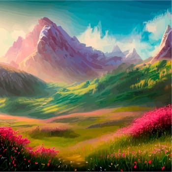 Spring landscape in village with green field and sunset, flat cartoon countryside with mountain and forest, blue sky, natural scene in countryside, sunny day summer