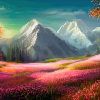 Spring landscape in village with green field and sunset, flat cartoon countryside with mountain and forest, blue sky, natural scene in countryside, sunny day summer