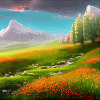 Spring landscape in village with green field and sunset, flat cartoon countryside with mountain and forest, blue sky, natural scene in countryside, sunny day summer