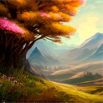 Spring landscape in village with green field and sunset, flat cartoon countryside with mountain and forest, blue sky, natural scene in countryside, sunny day summer