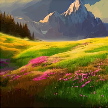 Spring landscape in village with green field and sunset, flat cartoon countryside with mountain and forest, blue sky, natural scene in countryside, sunny day summer