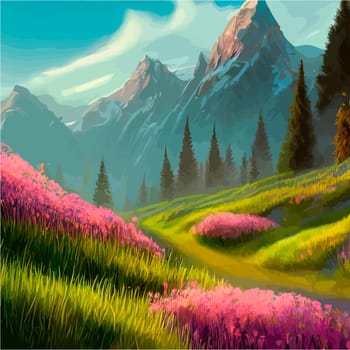 Spring landscape in village with green field and sunset, flat cartoon countryside with mountain and forest, blue sky, natural scene in countryside, sunny day summer