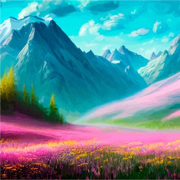 Spring landscape in village with green field and sunset, flat cartoon countryside with mountain and forest, blue sky, natural scene in countryside, sunny day summer