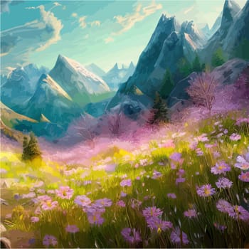 Spring landscape in village with green field and sunset, flat cartoon countryside with mountain and forest, blue sky, natural scene in countryside, sunny day summer