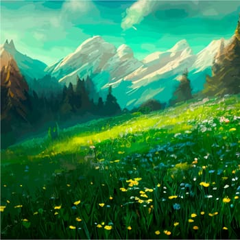 Spring landscape in village with green field and sunset, flat cartoon countryside with mountain and forest, blue sky, natural scene in countryside, sunny day summer