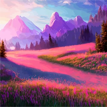 Spring landscape in village with green field and sunset, flat cartoon countryside with mountain and forest, blue sky, natural scene in countryside, sunny day summer