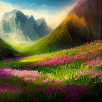 Spring landscape in village with green field and sunset, flat cartoon countryside with mountain and forest, blue sky, natural scene in countryside, sunny day summer