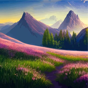 Spring landscape in village with green field and sunset, flat cartoon countryside with mountain and forest, blue sky, natural scene in countryside, sunny day summer