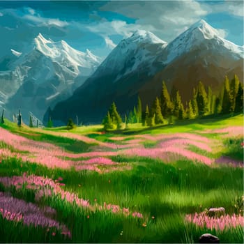 Spring landscape in village with green field and sunset, flat cartoon countryside with mountain and forest, blue sky, natural scene in countryside, sunny day summer