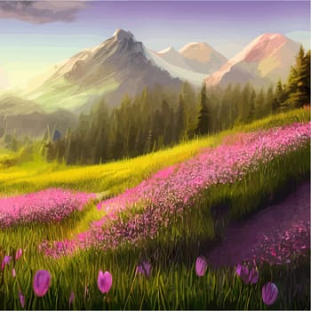 Spring landscape in village with green field and sunset, flat cartoon countryside with mountain and forest, blue sky, natural scene in countryside, sunny day summer