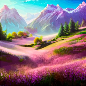 Spring landscape in village with green field and sunset, flat cartoon countryside with mountain and forest, blue sky, natural scene in countryside, sunny day summer