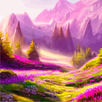 Spring landscape in village with green field and sunset, flat cartoon countryside with mountain and forest, blue sky, natural scene in countryside, sunny day summer