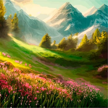 Spring landscape in village with green field and sunset, flat cartoon countryside with mountain and forest, blue sky, natural scene in countryside, sunny day summer