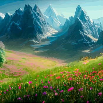 Spring landscape in village with green field and sunset, flat cartoon countryside with mountain and forest, blue sky, natural scene in countryside, sunny day summer