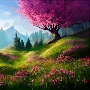 Spring landscape in village with green field and sunset, flat cartoon countryside with mountain and forest, blue sky, natural scene in countryside, sunny day summer