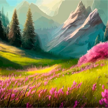 Spring landscape in village with green field and sunset, flat cartoon countryside with mountain and forest, blue sky, natural scene in countryside, sunny day summer