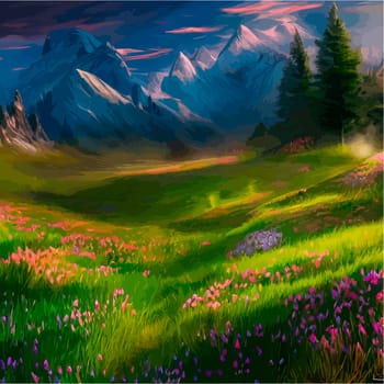 Spring landscape in village with green field and sunset, flat cartoon countryside with mountain and forest, blue sky, natural scene in countryside, sunny day summer