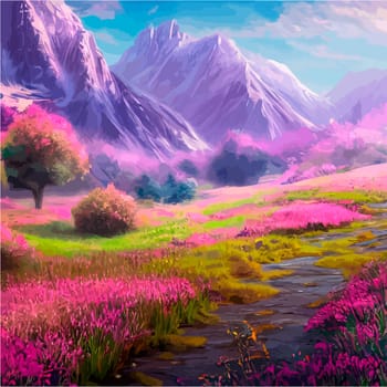 Spring landscape in village with green field and sunset, flat cartoon countryside with mountain and forest, blue sky, natural scene in countryside, sunny day summer