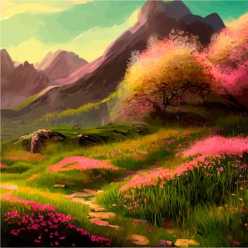 Spring landscape in village with green field and sunset, flat cartoon countryside with mountain and forest, blue sky, natural scene in countryside, sunny day summer