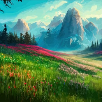 Spring landscape in village with green field and sunset, flat cartoon countryside with mountain and forest, blue sky, natural scene in countryside, sunny day summer