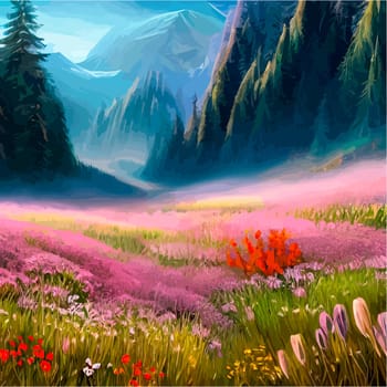 Spring landscape in village with green field and sunset, flat cartoon countryside with mountain and forest, blue sky, natural scene in countryside, sunny day summer