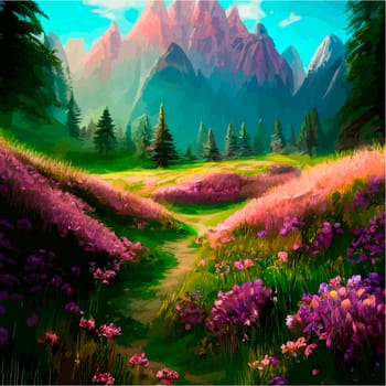 Spring landscape in village with green field and sunset, flat cartoon countryside with mountain and forest, blue sky, natural scene in countryside, sunny day summer