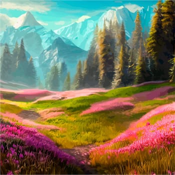 Spring landscape in village with green field and sunset, flat cartoon countryside with mountain and forest, blue sky, natural scene in countryside, sunny day summer