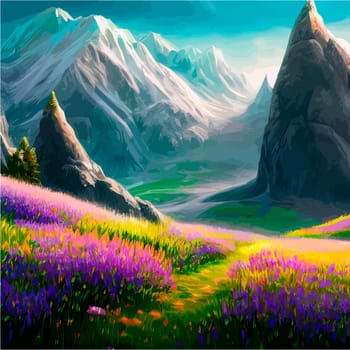 Spring landscape in village with green field and sunset, flat cartoon countryside with mountain and forest, blue sky, natural scene in countryside, sunny day summer