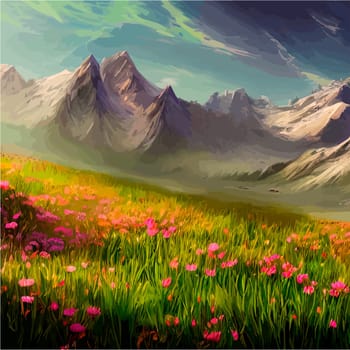 Spring landscape in village with green field and sunset, flat cartoon countryside with mountain and forest, blue sky, natural scene in countryside, sunny day summer