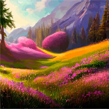 Spring landscape in village with green field and sunset, flat cartoon countryside with mountain and forest, blue sky, natural scene in countryside, sunny day summer