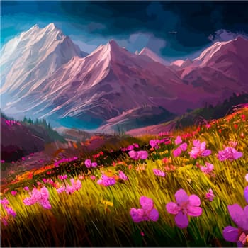 Spring landscape in village with green field and sunset, flat cartoon countryside with mountain and forest, blue sky, natural scene in countryside, sunny day summer