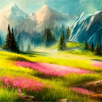 Spring landscape in village with green field and sunset, flat cartoon countryside with mountain and forest, blue sky, natural scene in countryside, sunny day summer