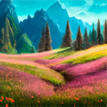 Spring landscape in village with green field and sunset, flat cartoon countryside with mountain and forest, blue sky, natural scene in countryside, sunny day summer