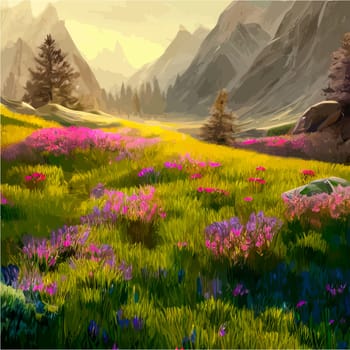 Spring landscape in village with green field and sunset, flat cartoon countryside with mountain and forest, blue sky, natural scene in countryside, sunny day summer