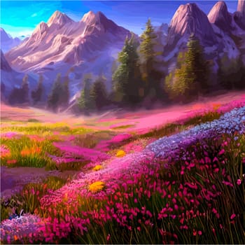 Spring landscape in village with green field and sunset, flat cartoon countryside with mountain and forest, blue sky, natural scene in countryside, sunny day summer