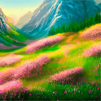 Spring landscape in village with green field and sunset, flat cartoon countryside with mountain and forest, blue sky, natural scene in countryside, sunny day summer