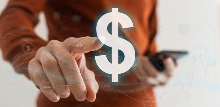 Businessman hands with money money icon floating in the air graphic , business concept. High quality photo