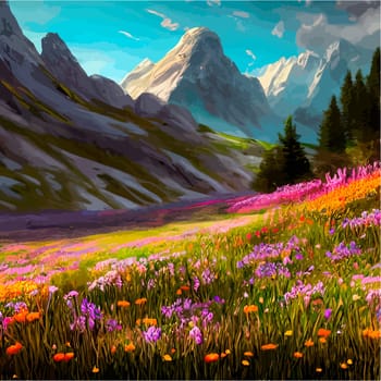 Spring landscape in village with green field and sunset, flat cartoon countryside with mountain and forest, blue sky, natural scene in countryside, sunny day summer