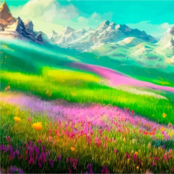 Spring landscape in village with green field and sunset, flat cartoon countryside with mountain and forest, blue sky, natural scene in countryside, sunny day summer