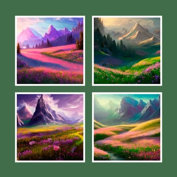 Spring landscape in village with green field and sunset set of four posters, flat cartoon countryside with mountain and forest, blue sky, natural countryside scene, sunny day summer