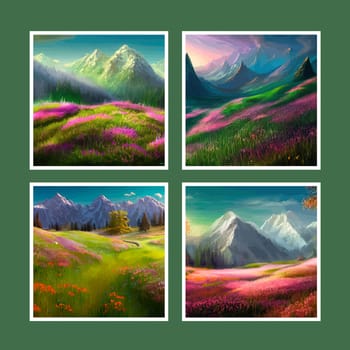 Spring landscape in village with green field and sunset set of four posters, flat cartoon countryside with mountain and forest, blue sky, natural countryside scene, sunny day summer