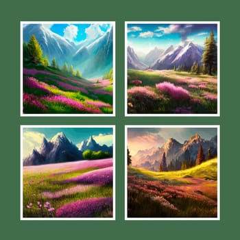 Spring landscape in village with green field and sunset set of four posters, flat cartoon countryside with mountain and forest, blue sky, natural countryside scene, sunny day summer