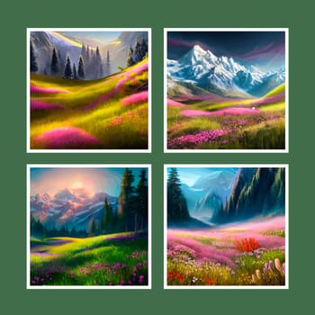 Spring landscape in village with green field and sunset set of four posters, flat cartoon countryside with mountain and forest, blue sky, natural countryside scene, sunny day summer