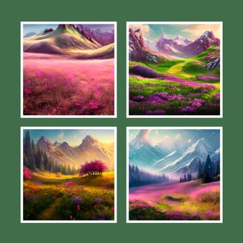 Spring landscape in village with green field and sunset set of four posters, flat cartoon countryside with mountain and forest, blue sky, natural countryside scene, sunny day summer