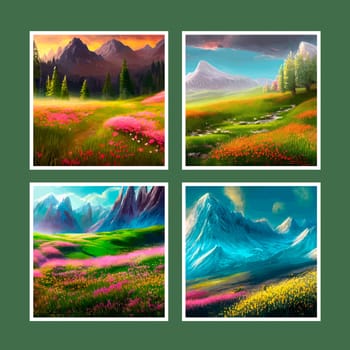 Spring landscape in village with green field and sunset set of four posters, flat cartoon countryside with mountain and forest, blue sky, natural countryside scene, sunny day summer