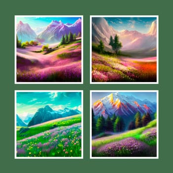 Spring landscape in village with green field and sunset set of four posters, flat cartoon countryside with mountain and forest, blue sky, natural countryside scene, sunny day summer