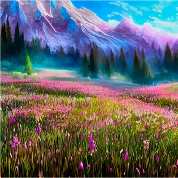 Spring landscape in village with green field and sunset, flat cartoon countryside with mountain and forest, blue sky, natural scene in countryside, sunny day summer